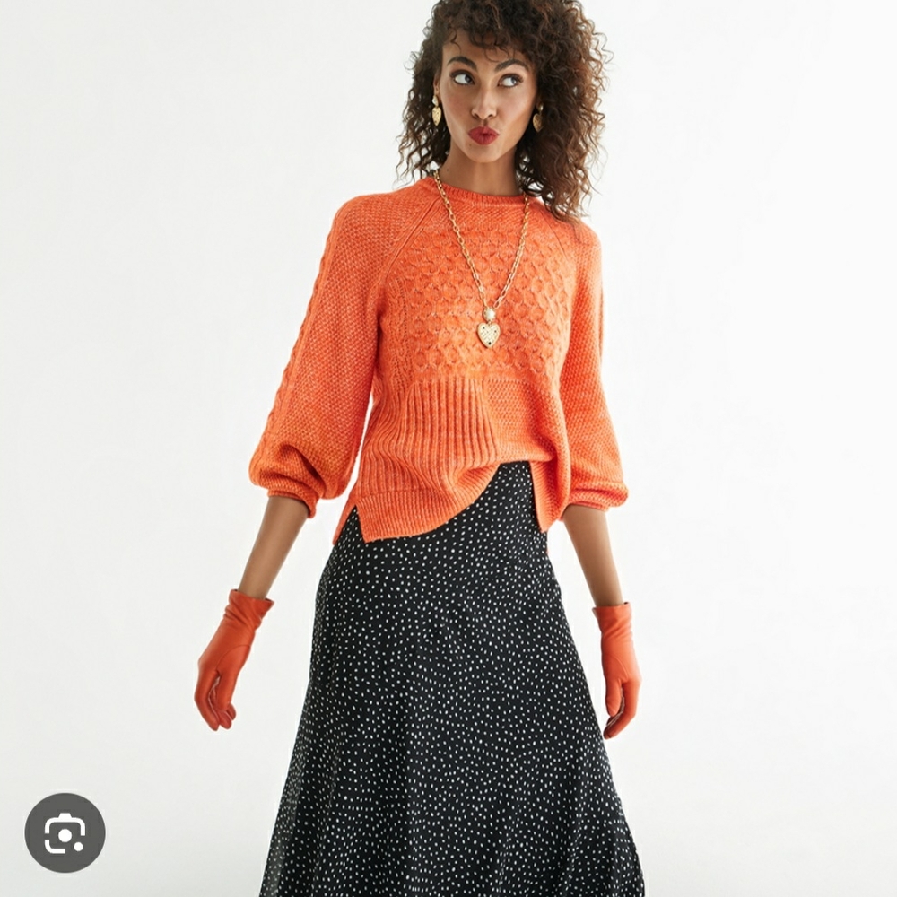 CABI Women's Cable Knit Orange Balloon Sleeves Cotton Blend Sweater Size S